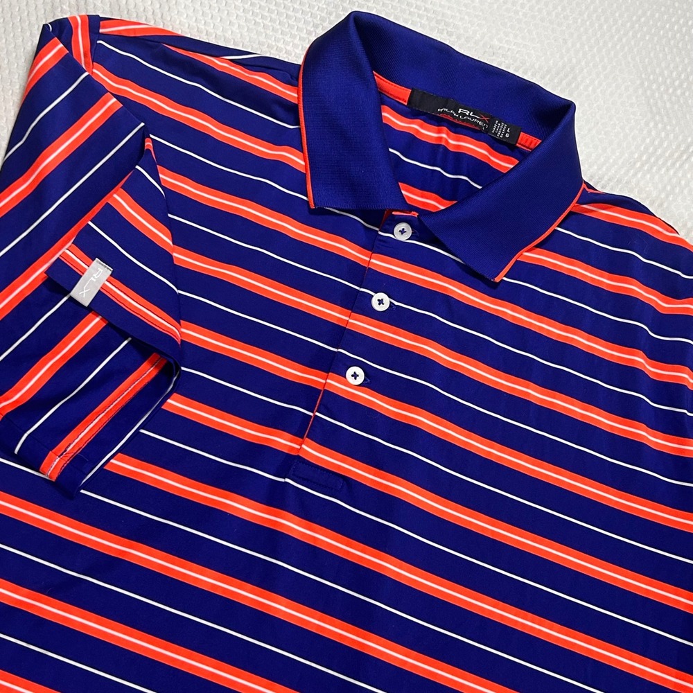 RLX Ralph Lauren Mens Blue Orange Striped‎ Short Sleeve Golf Polo Shirt Large